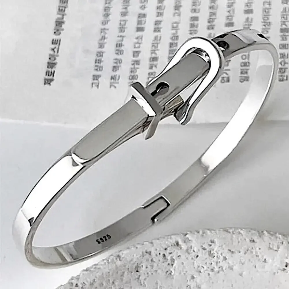 Sterling Silver Buckle Bracelet Bangle Adjustable Unisex Belt Geometric